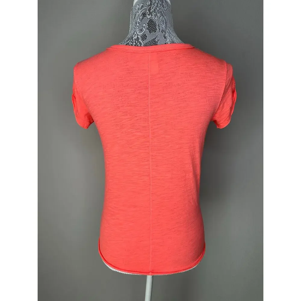 FREE PEOPLE We The Free Neon Orange Soft Raw Hem Crewneck Tee T-Shirt Top XS